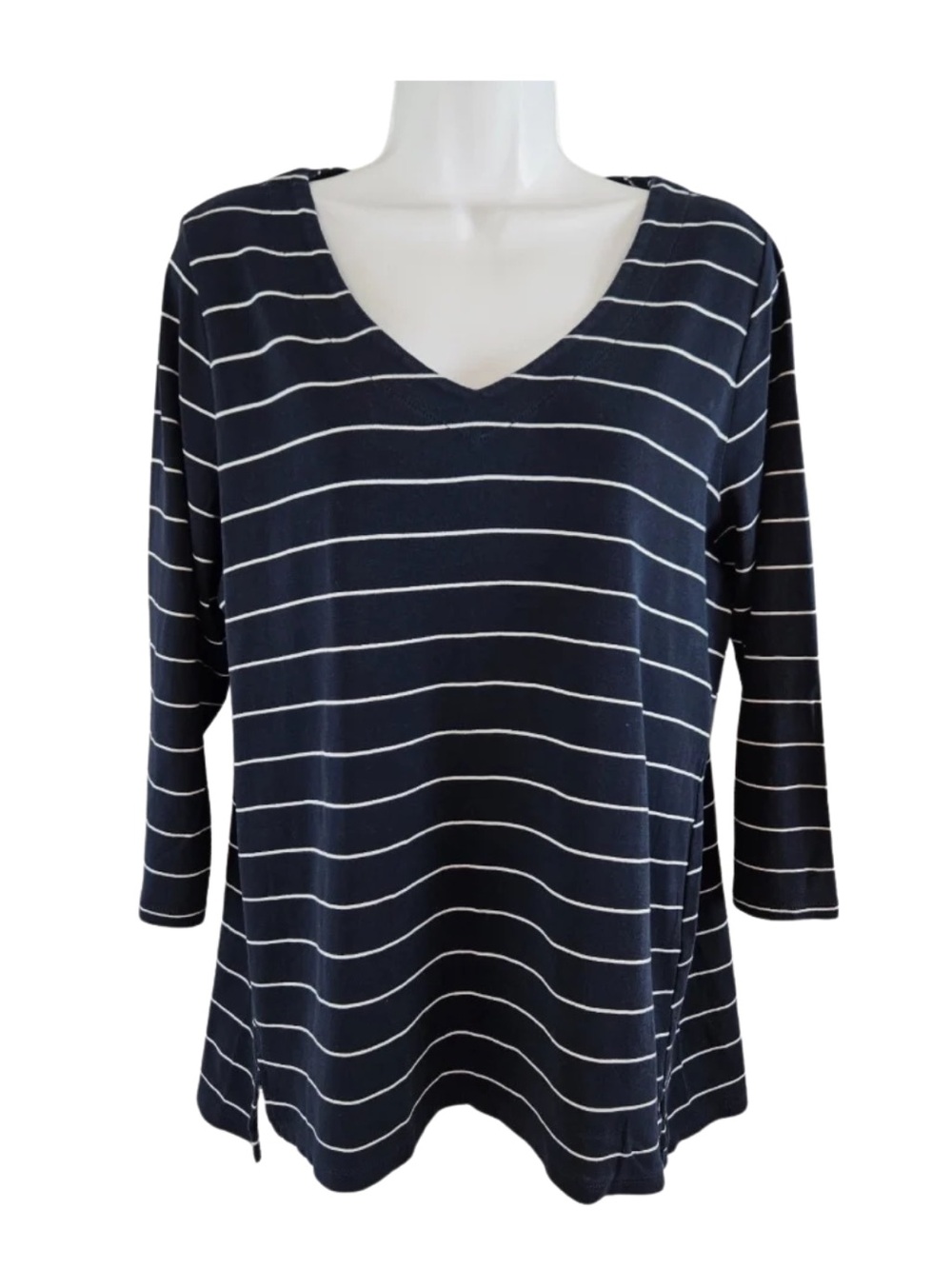 J. Jill Pima Cotton 3/4 Sleeve VNeck Top Navy Blue White Striped Nautical Preppy